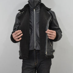 Men's Black Fur Collar Motorcycle Bomber Biker Genuine Leather Jacket