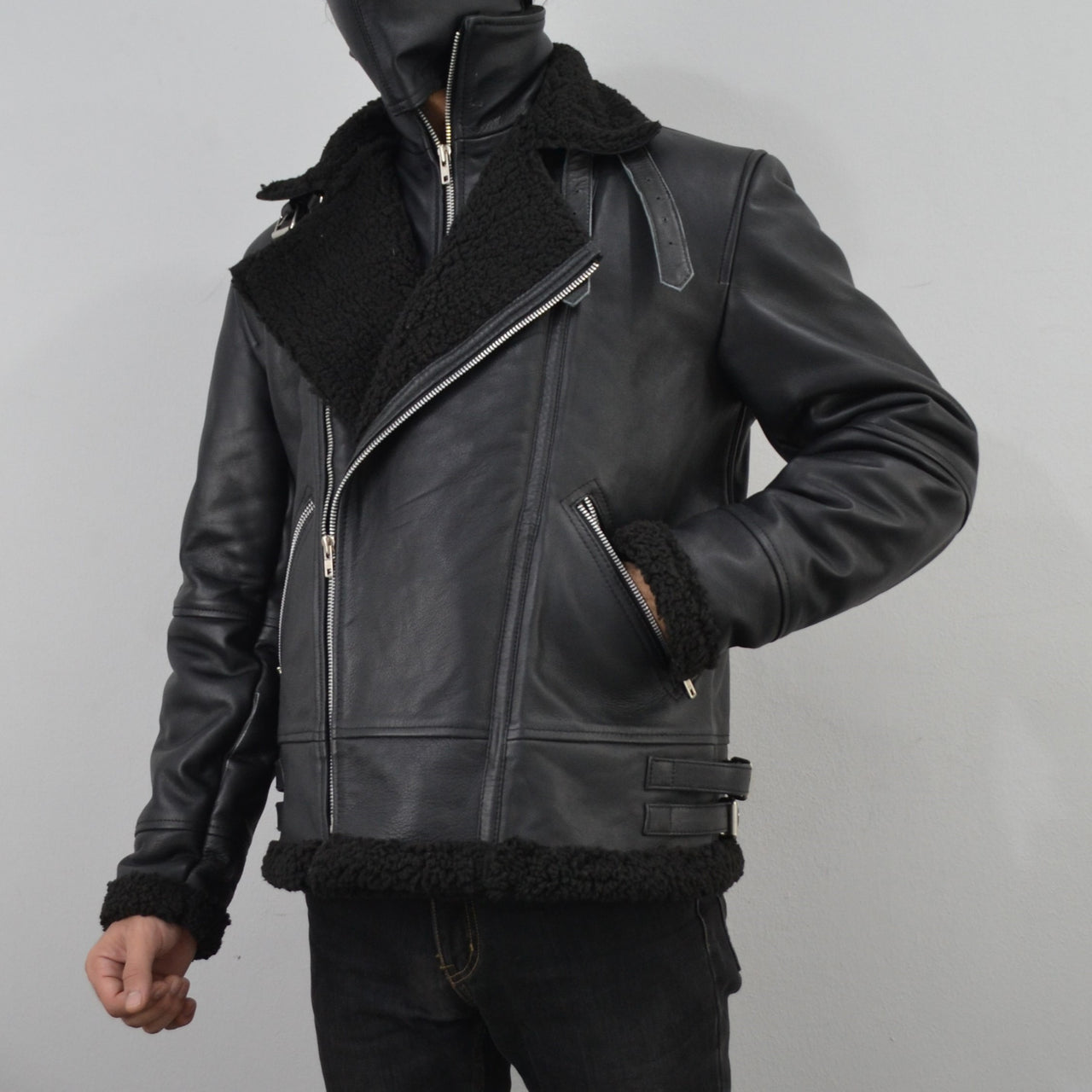 Men's Black Fur Collar Motorcycle Bomber Biker Geniune Leather Jacket