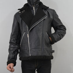 Men's Black Fur Collar Motorcycle Bomber Biker Geniune Leather Jacket
