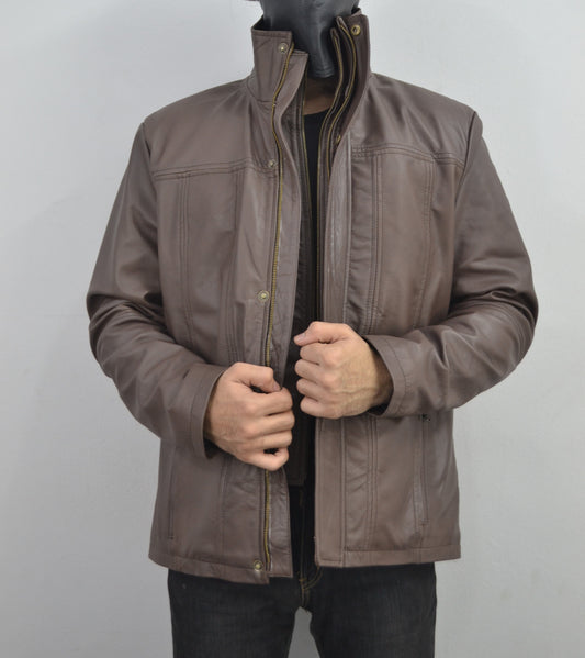 Men's Brown Double Closure Cafe Racer Genuine Leather Jacket