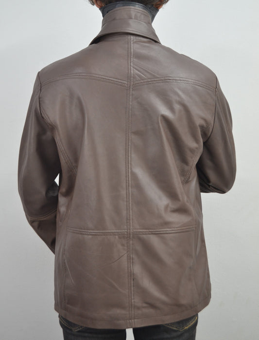 Men's Brown Double Closure Cafe Racer Genuine Leather Jacket