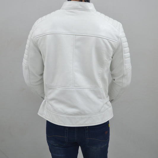 Men's Cafe Racer White Quilted Authentic Lambskin Leather Jacket