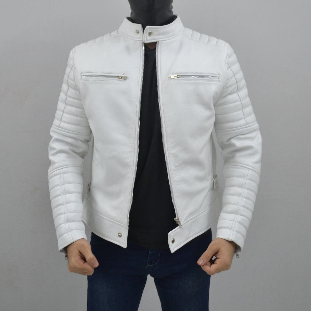 Men's Cafe Racer White Quilted Authentic Lambskin Leather Jacket
