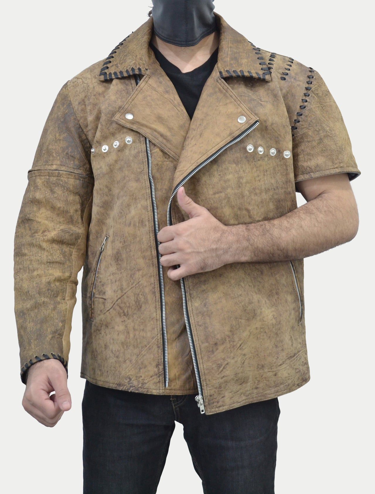 Mad Max 4 Fury Road Tom Hardy Double Pads Removable sleeves Distressed Leather Biker Jacket