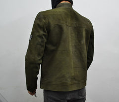 Men's Dark Green Genuine Suede Leather Cafe Racer Jacket