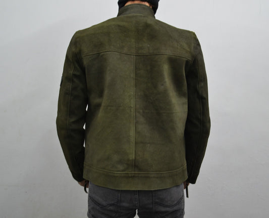 Men's Dark Green Genuine Suede Leather Cafe Racer Jacket
