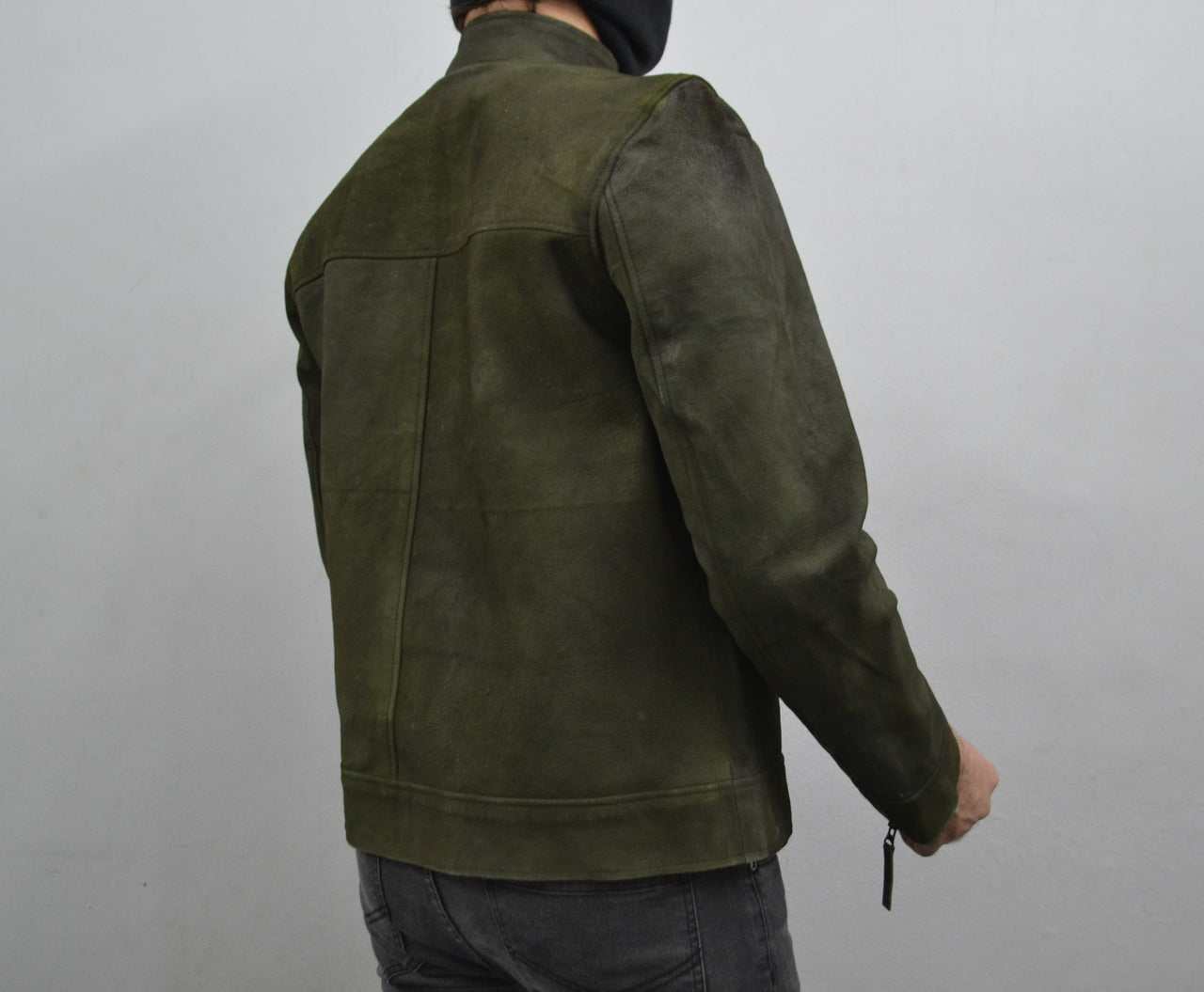Men's Dark Green Genuine Suede Leather Cafe Racer Jacket