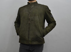 Men's Dark Green Genuine Suede Leather Cafe Racer Jacket