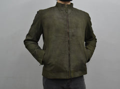 Men's Dark Green Genuine Suede Leather Cafe Racer Jacket