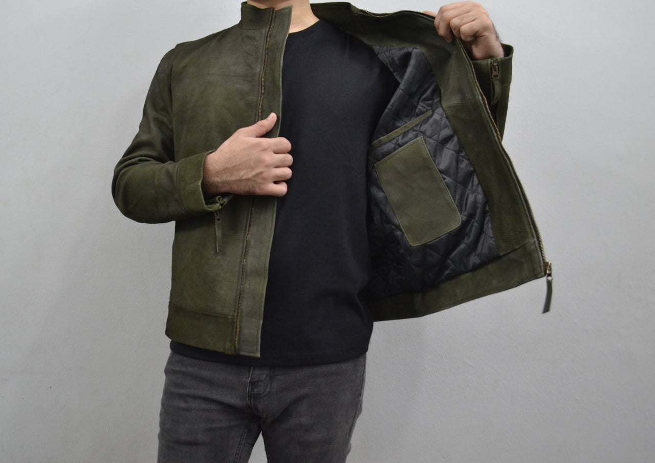 Men's Dark Green Genuine Suede Leather Cafe Racer Jacket