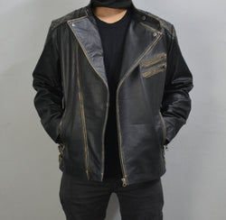 Men's Skull Embossed Black Distress VIntage Motorcycle Genuine Leather Biker Jacket