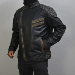 Men's Skull Embossed Black Distress VIntage Motorcycle Genuine Leather Biker Jacket