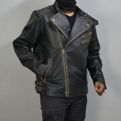 Men's Skull Embossed Black Distress VIntage Motorcycle Genuine Leather Biker Jacket