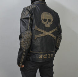 Men's Skull Embossed Black Distress VIntage Motorcycle Genuine Leather Biker Jacket