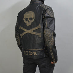 Men's Skull Embossed Black Distress VIntage Motorcycle Genuine Leather Biker Jacket