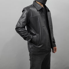 Men's Black Short Length Zip up Genuine Leather Coat