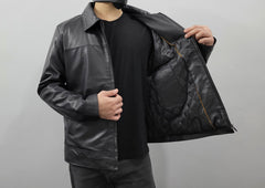 Men's Black Short Length Zip up Genuine Leather Coat