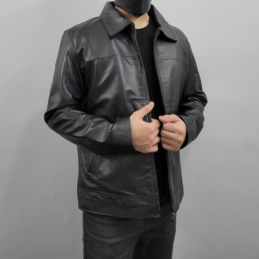 Men's Black Short Length Zip up Genuine Leather Coat