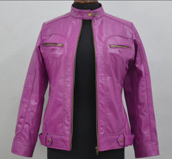 Women's Pink Geniune Lambskin Cafe Racer Leather Jacket