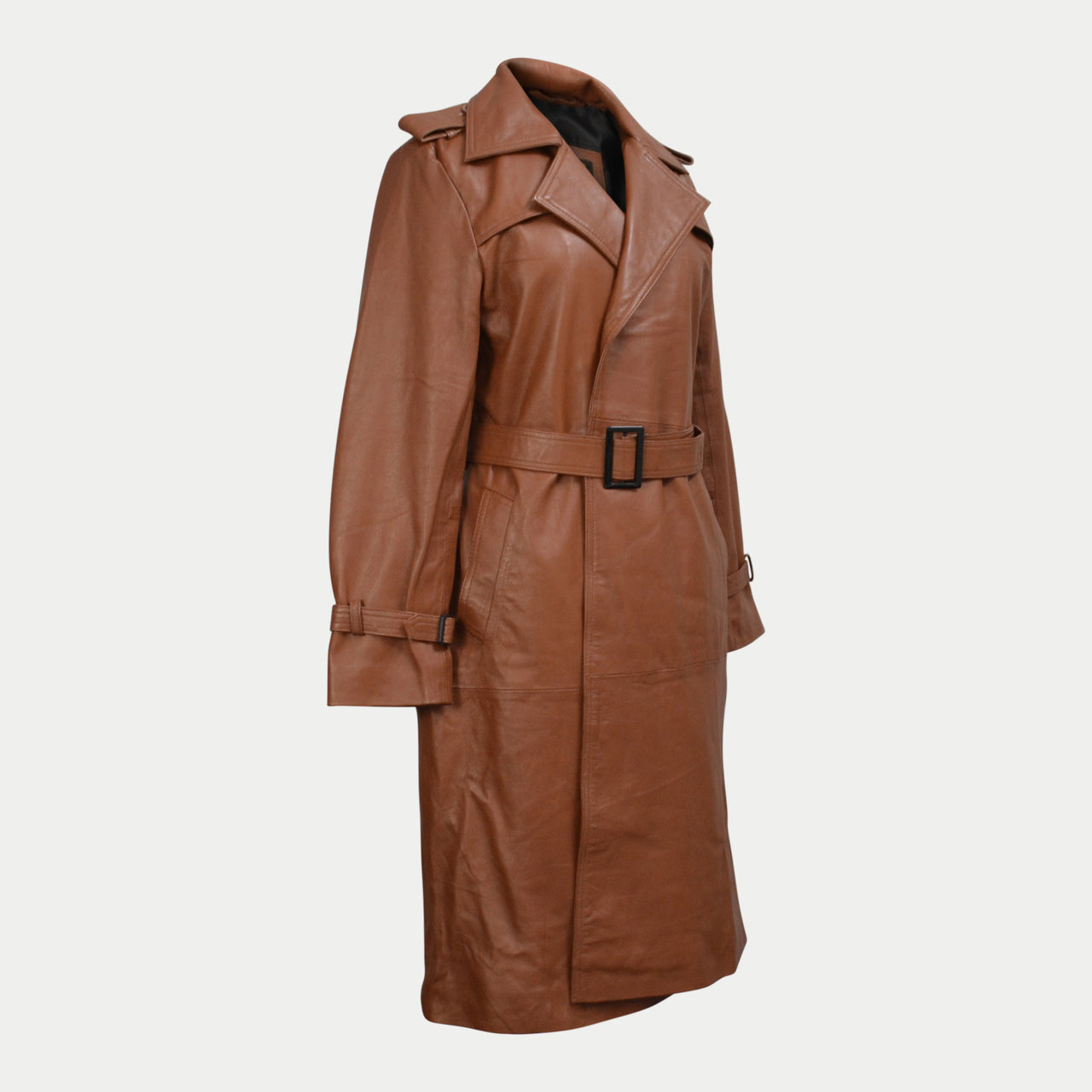 Women Brown Belted Mid-Length Genuine Leather Trench Coat