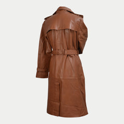 Women Brown Belted Mid-Length Genuine Leather Trench Coat