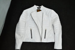 Women's White Padded Cafe Racer Genuine Leather Jacket