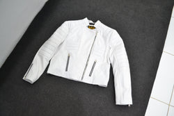 Women's White Padded Cafe Racer Genuine Leather Jacket