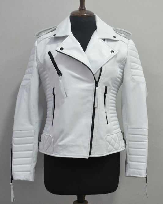 Womens White Biker Quilted Motorcycle Leather Jacket