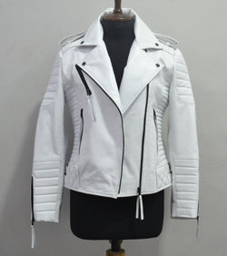 Womens White Biker Quilted Motorcycle Leather Jacket