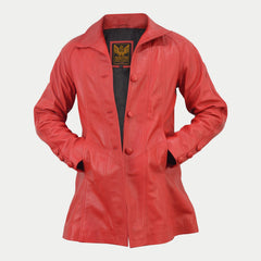 Women's Designer Red Mid-Length Genuine Leather Coat