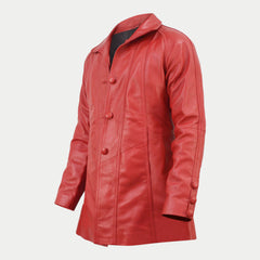 Women's Designer Red Mid-Length Genuine Leather Coat