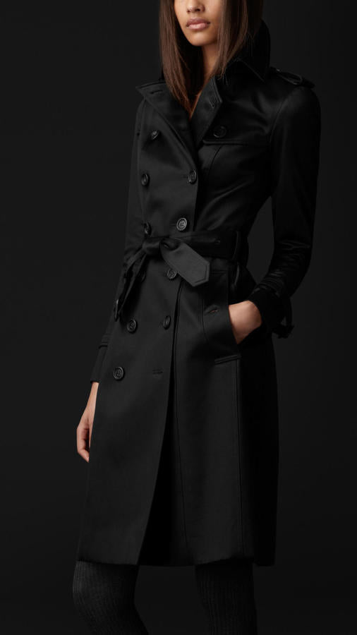 Women's Double-Breasted Black Long Belted Pure Cotton Coat