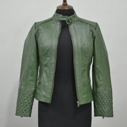 Women's Green Quilted Belted Collar Cafe Racer Leather Jacket