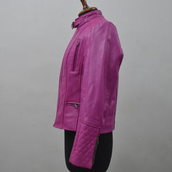 Women's Quilted Cuffs Pink Genuine Leather Cafe Racer Motorcycle Jacket