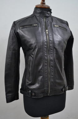 Women's Black Geniune Lambskin Cafe Racer Leather Jacket
