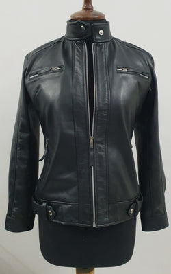 Women's Black Geniune Lambskin Cafe Racer Leather Jacket