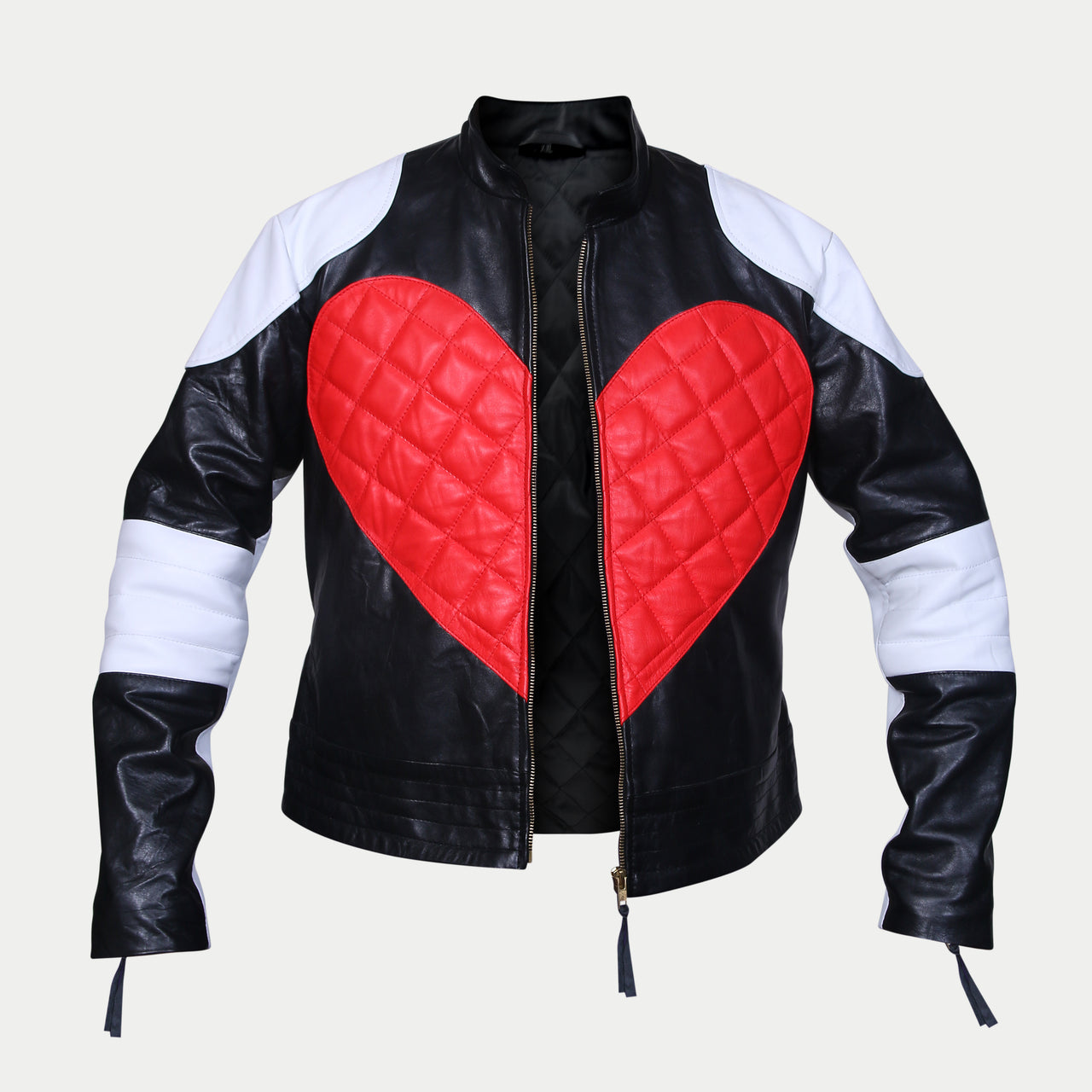 Women's Red Heart Quilted Black And White Racer Leather Jacket
