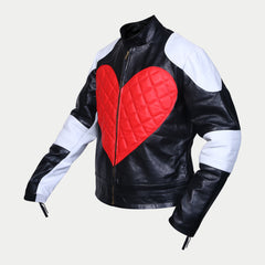 Women's Red Heart Quilted Black And White Racer Leather Jacket