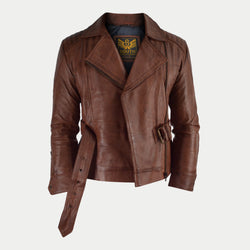 Women's Brown Waxed Motorcycle Genuine Leather Belted Biker Jacket