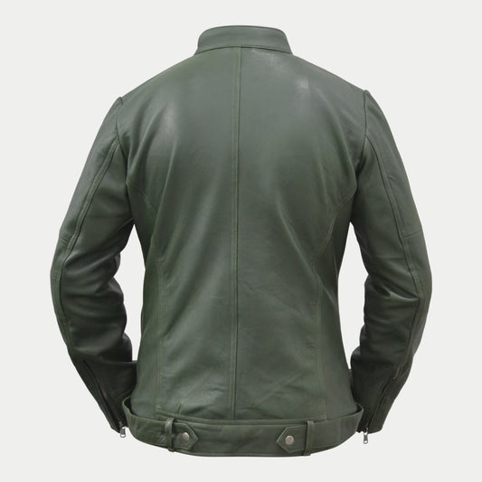 Women's Dark Green Geniune Lambskin Cafe Racer Leather Jacket