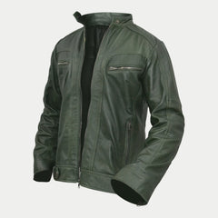 Women's Dark Green Genuine Lambskin Cafe Racer Leather Jacket