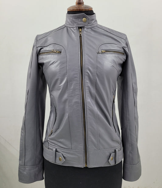 Women's Waxed Grey Geniune Lambskin Cafe Racer Leather Jacket