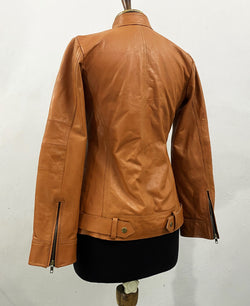 Women's Tan Genuine Lambskin Cafe Racer Leather Jacket