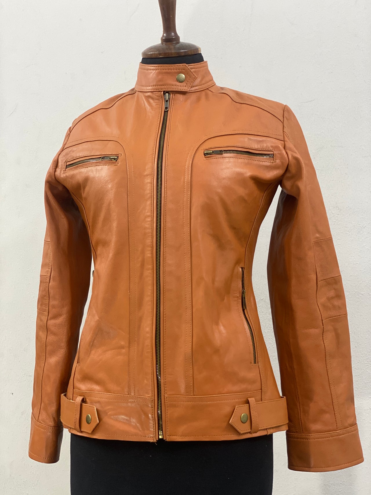Women's Tan Genuine Lambskin Cafe Racer Leather Jacket