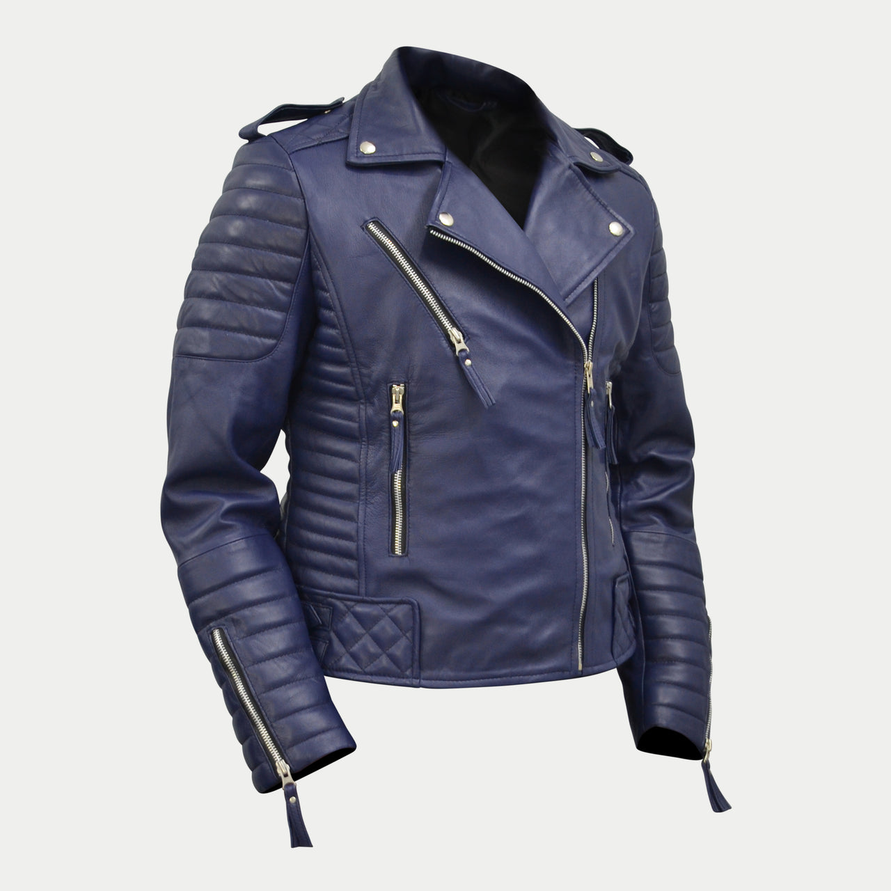 Women's Dark-Blue Quilted Padded Motorcycle Genuine Leather Biker Jacket