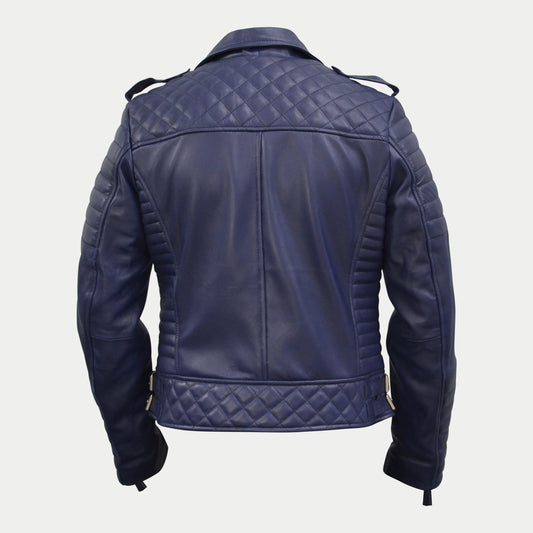 Women's Dark-Blue Quilted Padded Motorcycle Genuine Leather Biker Jacket