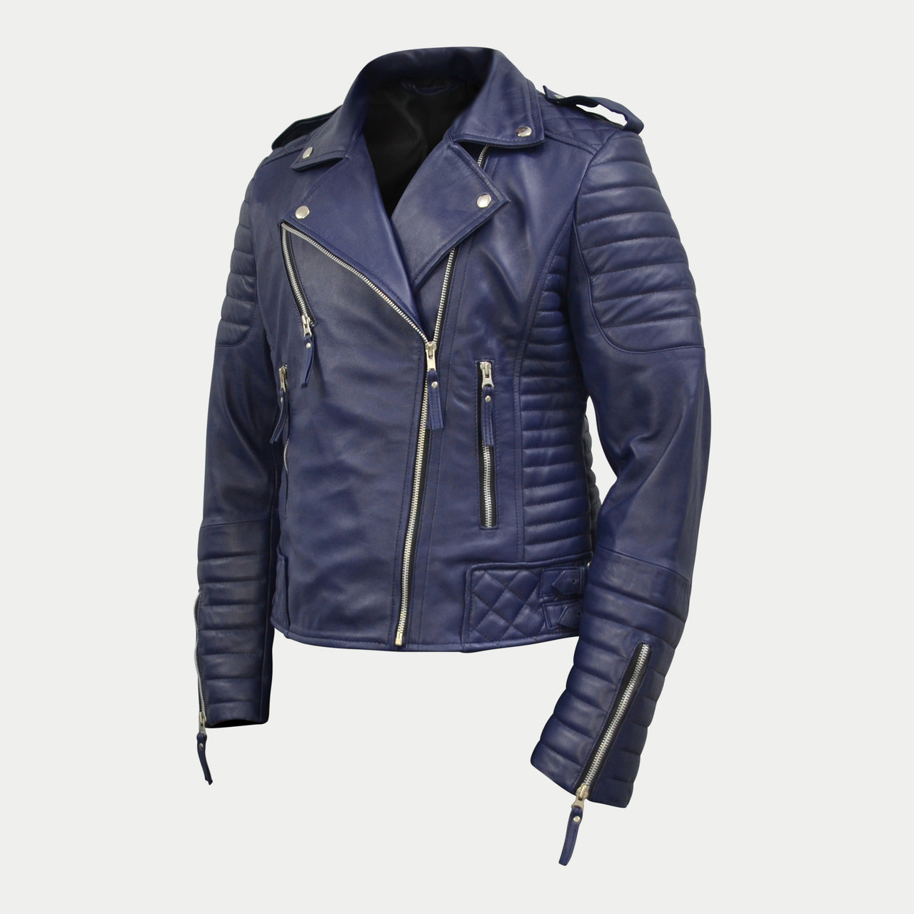 Women's Dark-Blue Quilted Padded Motorcycle Genuine Leather Biker Jacket