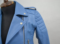 Women's Turquise Blue Motorcycle Genuine Leather Biker Jacket