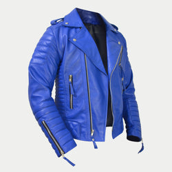Women's Light-Blue Padded Motorcycle Genuine Leather Biker Jacket