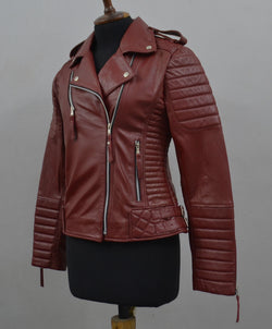 Women's Maroon Motorcycle Genuine Lambskin Leather Biker Jacket